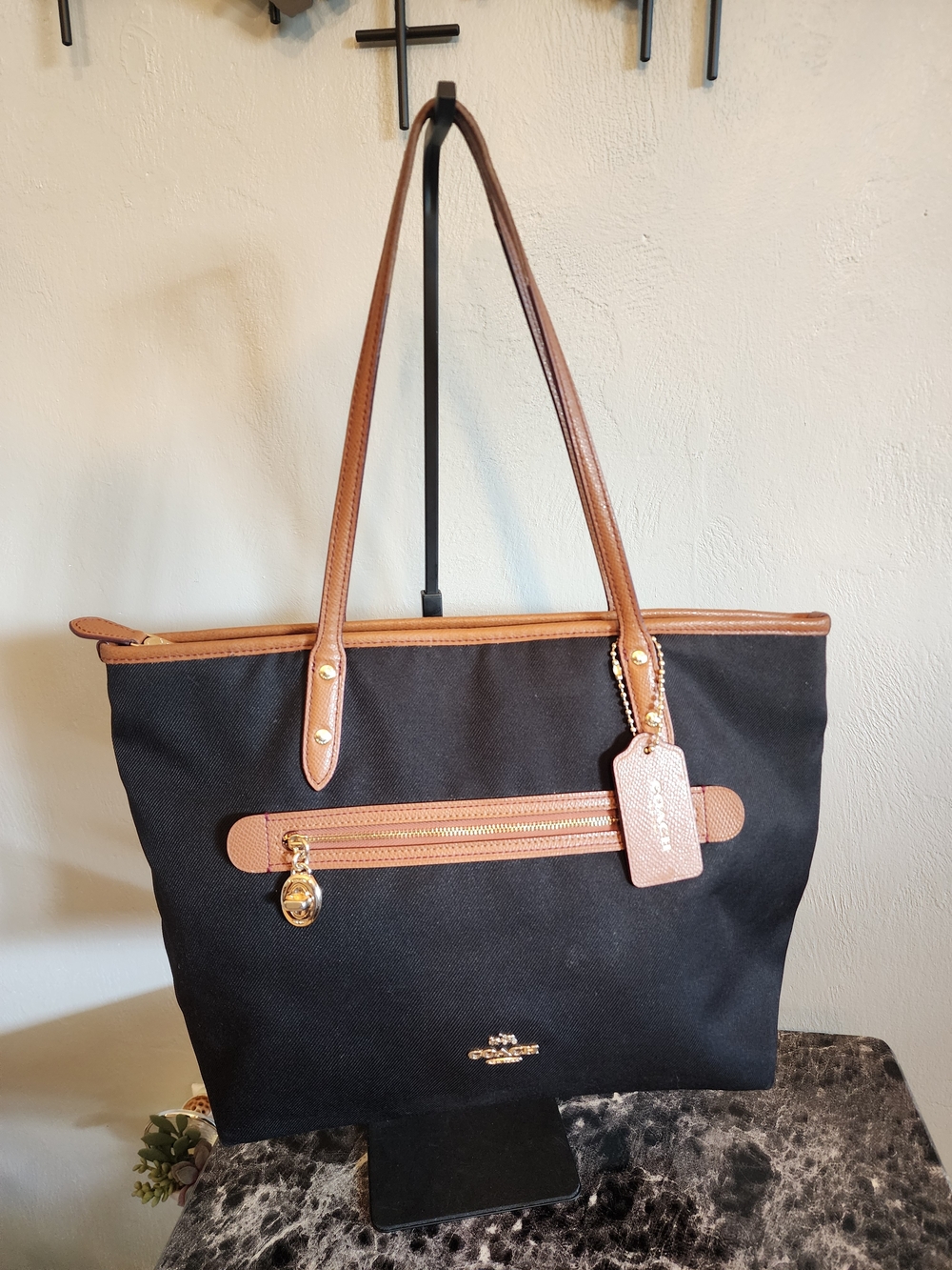 Coach Sawyer Black Canvas Tote with Brown Leather Trim
